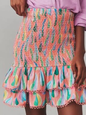 Farm Rio Pink Smocked Skirt XS Colorful Ruffle Mini Skirt Summer